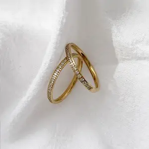 MW Simple 18k Gold Plated Stainless Steel Signet Ring for Women Delicate Shiny Zircon Paved Statement Ring for Engagement