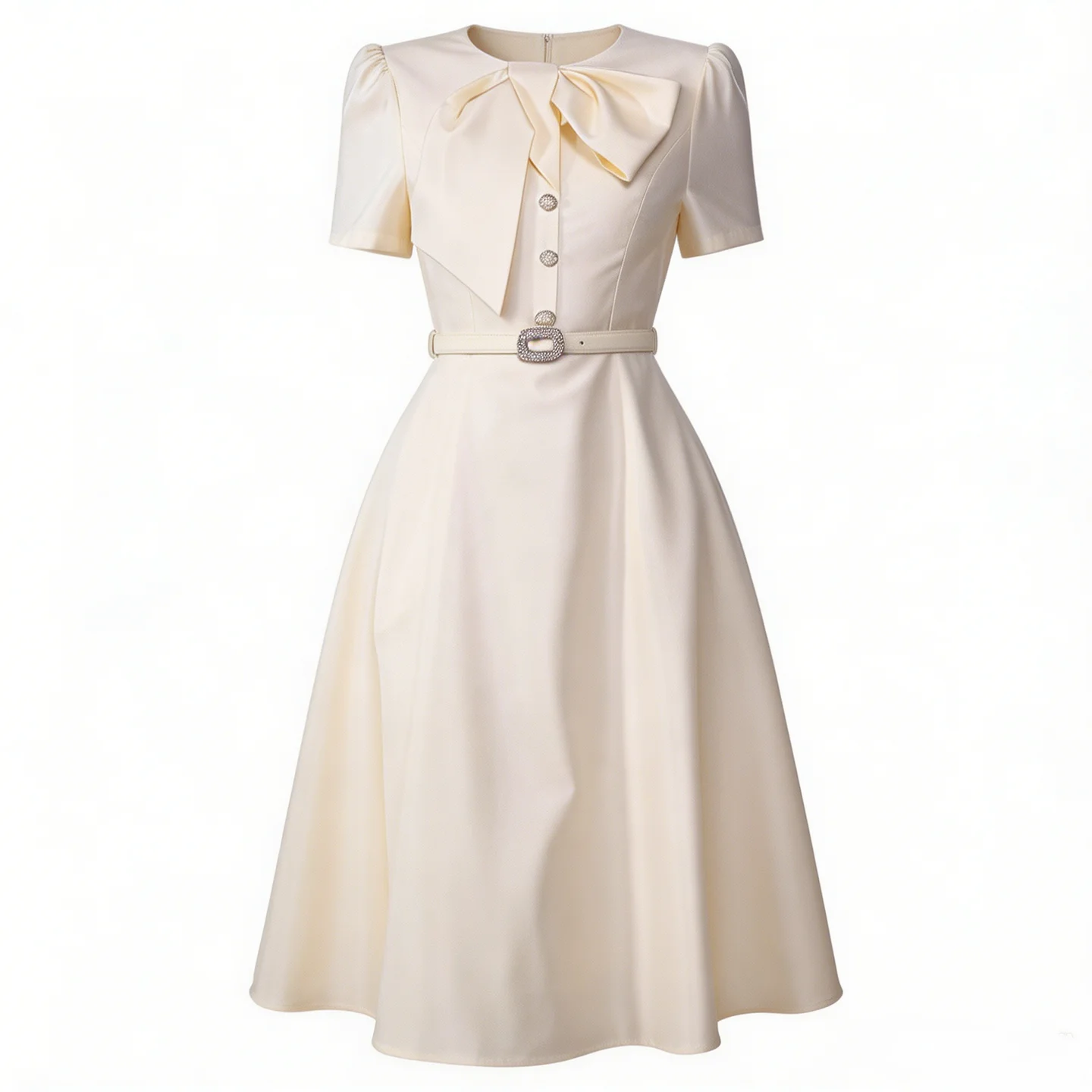 Elegant Vintage French Style Women's Dress Short Sleeve Bow Waist-controlled Mid-length Loose Fit Polyester Party Skirt