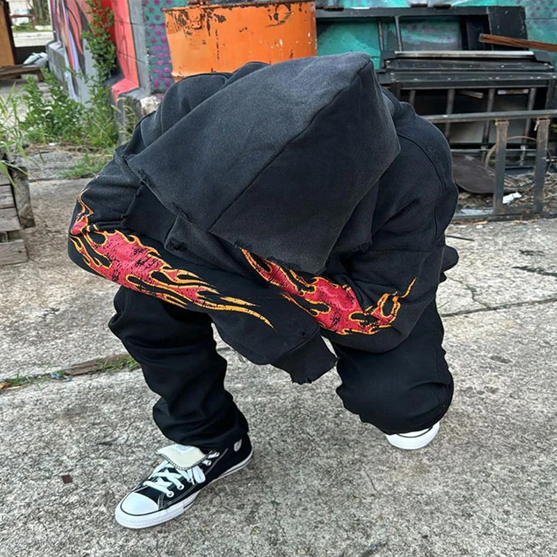 OEM Streetwear Custom Heavyweight Printing Pattern Oversized Sun Faded Cotton Terry Vintage Cropped Acid Wash Zip up Hoodies Men gallery 4