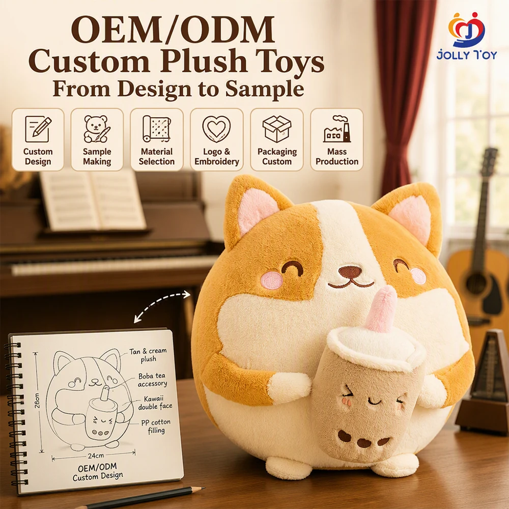 Pelúcias Personalizadas: Corgi Castanho-Creme de 26 cm, Estilo Kawaii com Tema de Chá de Bolinhas, Recheio de Algodão PP, Fabricante OEM de Brinquedos de Pelúcia para Abastecimento de Mercado