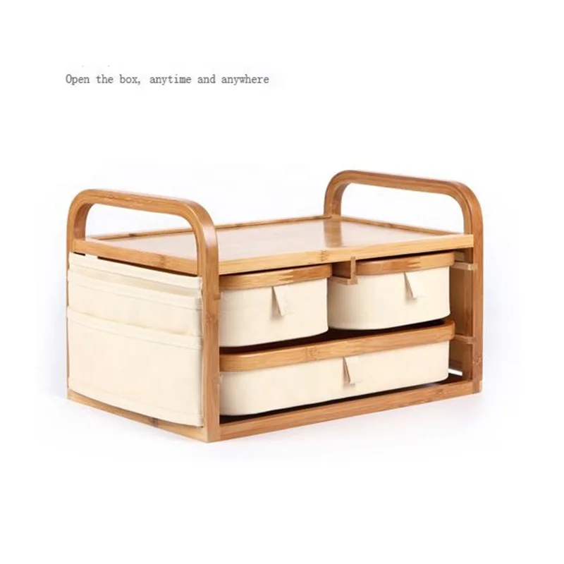 Тканевый Органайзер из ткани Оксфорд с 3 ящиками, деревянный бамбуковый органайзер для макияжа, коробка для хранения косметики для туалетного столика, офиса