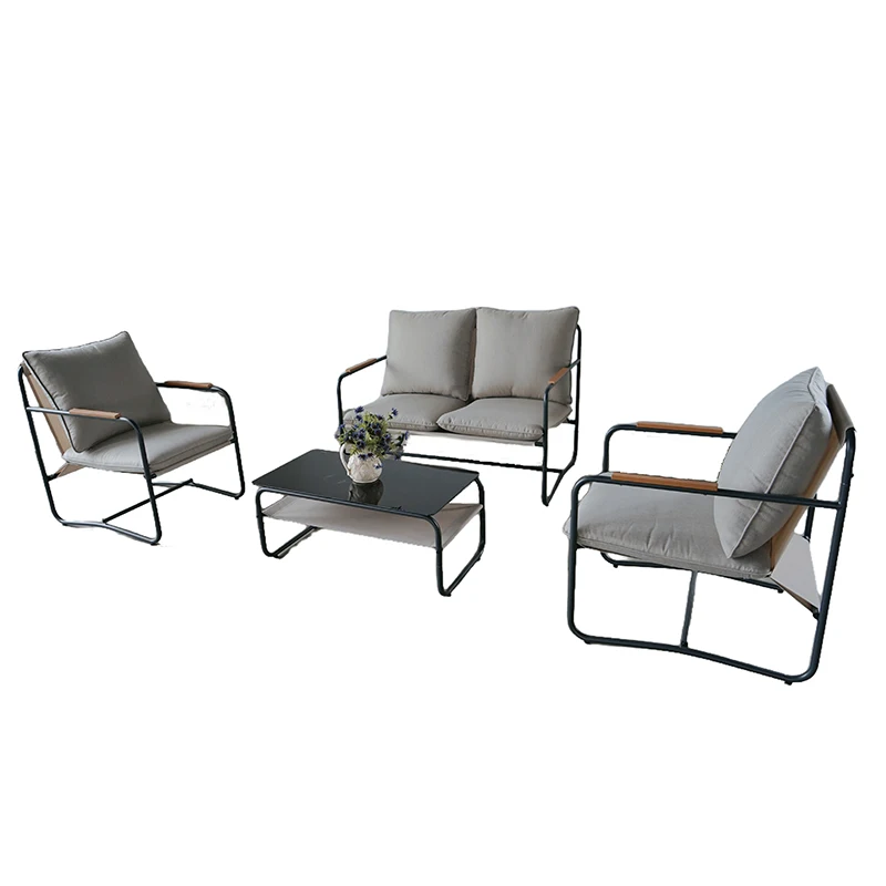 Modern Aluminum Outdoor Sofa Set with Plush Gray Cushions and Glass Coffee Table for Patio Relaxation