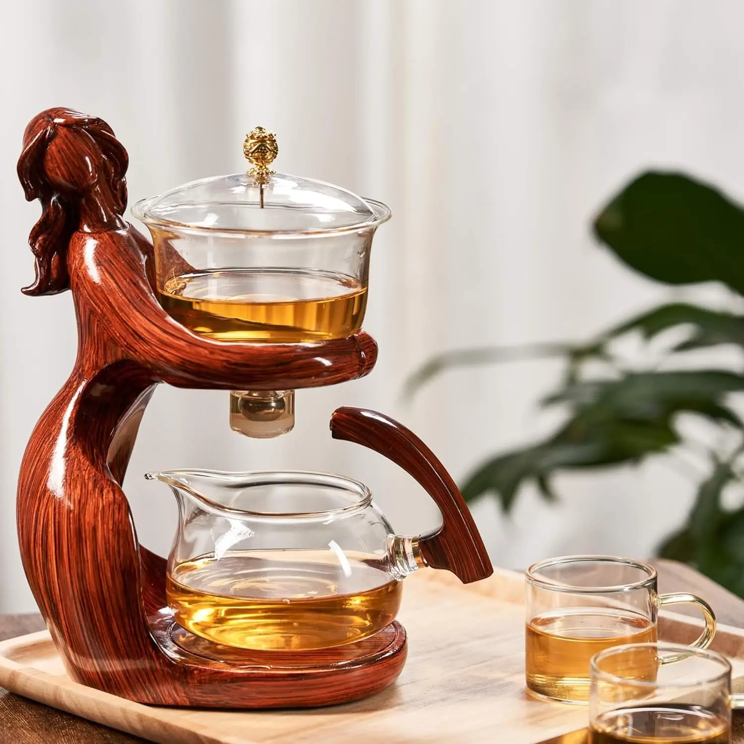 Creative Lady Magnetic Induction Kungfu Tea Set Semi-Automatic Glass Teapot with Infuser and 6 Small Cups for Coffee & Tea
