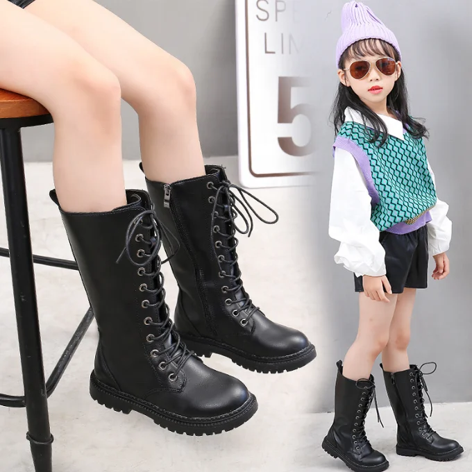 RT1234 модные зимние сапоги для девочек, теплые плюшевые сапоги до колена для девочек, кожаные сапоги