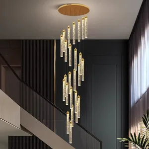 Customized Long Gold Modern Loft Duplex Led Ceiling Pendant Light Lobby Hanging Crystal Staircase Chandelier