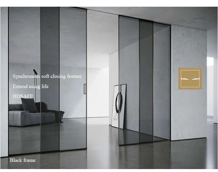 Aluminium Slim Black Frame Glass Sliding Retractable Door System Soft