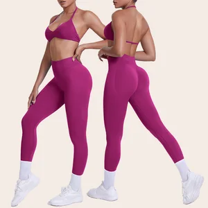 Custom logo Two Piece Set Sportwear Women Clothing Plus Size High Waist Seamless Yoga Sports Bra Leggings Set Halter Gym Wear
