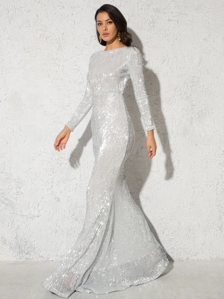 Winter Women Modest Long Sleeve O Neck Stretch Wedding Party Formal Maxi Dress Mermaid Sequin Evening Gown