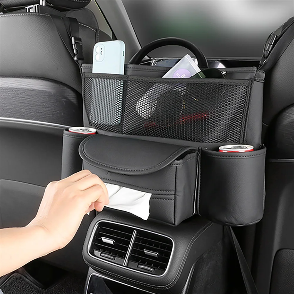 COGEEK Car Seat Organizer - Nappa Leather Hanging Storage Bag Between Seats, Headrest Mount, For Phones, Snacks, Tissues