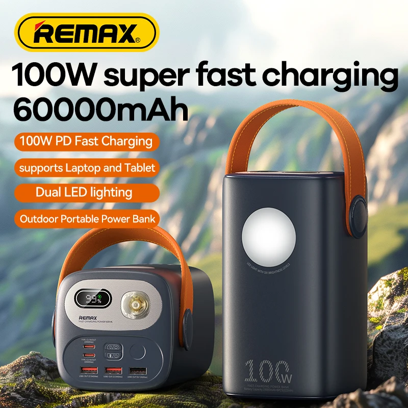 REMAX Gutitan Series RPP-100 100W+22.5W PD+QC Outdoor Power Bank with Light 60000mAh Fast Charging Power Banks for Laptops