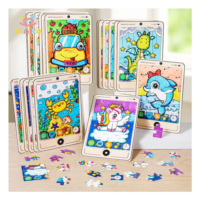 Puzzle en bois pour enfants, 24 pièces, modèle de téléphone, puzzle en bois pour enfants, dessin animé, animaux, jouets éducatifs pour enfants