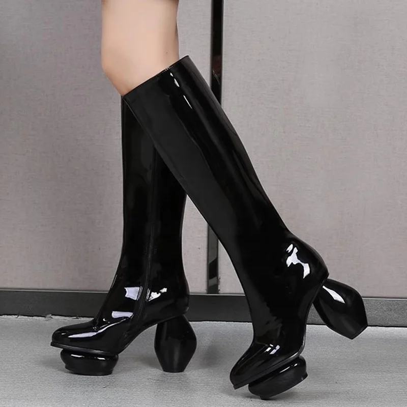 Women Round Ball Heels Silver Patent Knee High Boots Thick Platform Side  Zipper Unique Styles Long Booties Custom Design Shoes