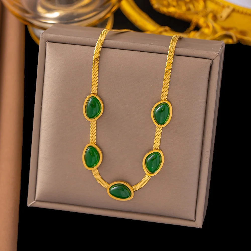 Vintage Emerald Snake Chain Jewelry Set Stainless Steel