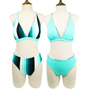 Custom Stripes Printed Beachwear Swimsuit for Ladies Quick Dry Plus Size Bathing Suit Breathable Two Piece Women's Bikinis Set