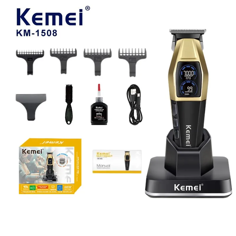 Tondeuse à cheveux pour salon KEMEI Km-1508, batterie 2000 mAh, moteur 7000 tr/min, 4 vitesses réglables, lame DLC, tondeuse professionnelle pour cheveux, station de charge, certifiée CE, expédition rapide