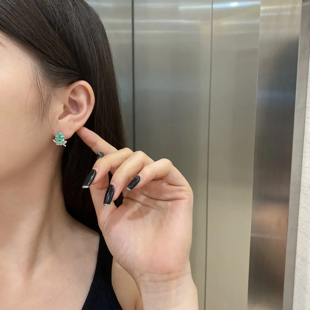 KAKODIY Boutique Jewelry 925 Sterling Silver Earrings Oval Cube Zirconia Green Emerald Earrings Custom Female Direct Earrings detail 3