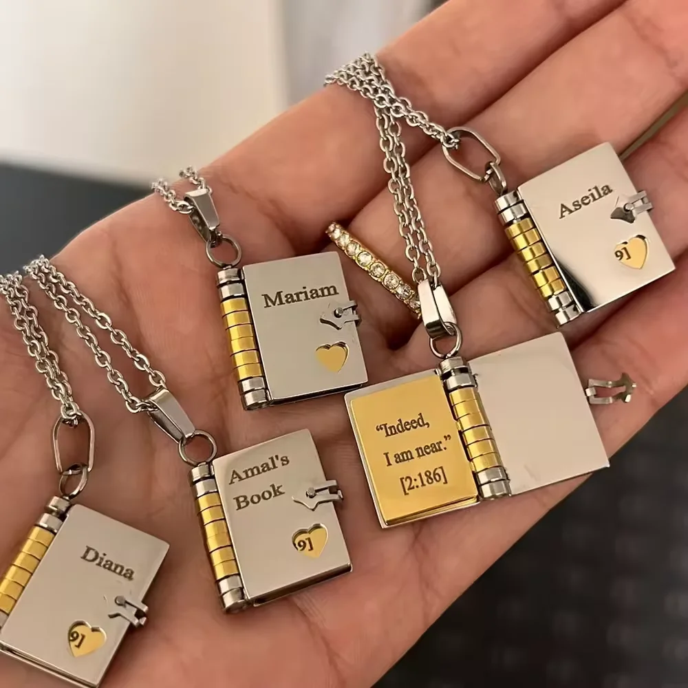Personalized Book Pendant Necklace Customized Engraved Name Love Book Pendants Stainless Steel  Necklace