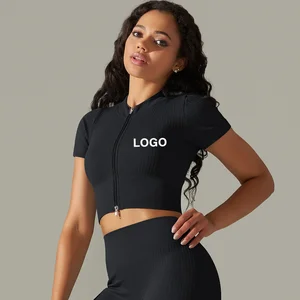 Short Sleeve Seamless Knit Ribbed Yoga Tops Running Shorts Sports Fitness Crop Tops With Zipper