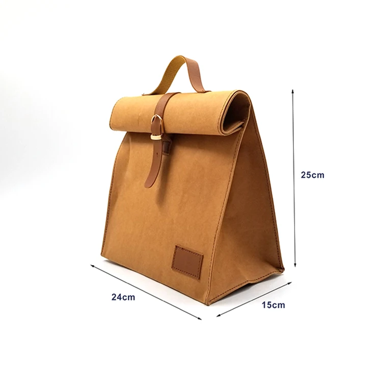 Factory Extra Bulk Ladies Washable Kraft Paper Bag with Leather Handle