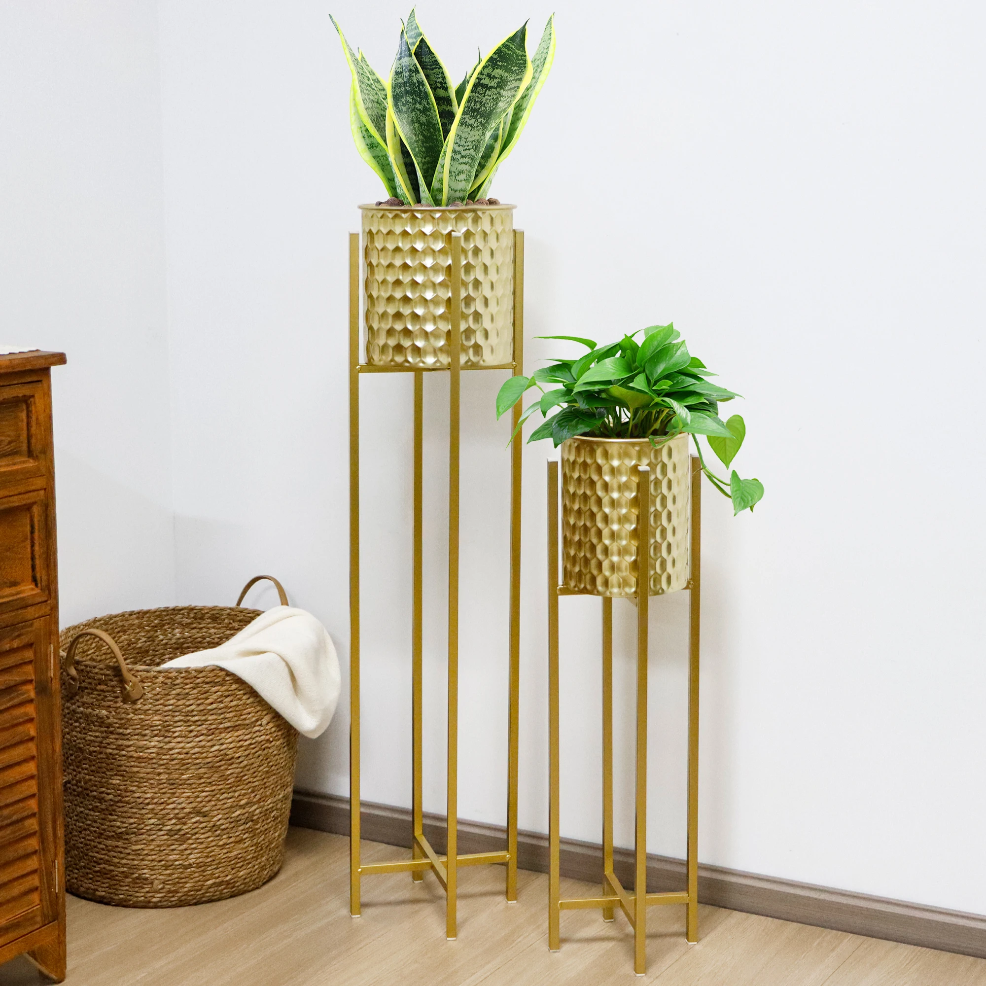 Set of 2 Tall Gold Flower Pot Classic Honeycomb Surface Design Indoor  Balcony Decorative Planter With Stury Stand| Alibaba.com