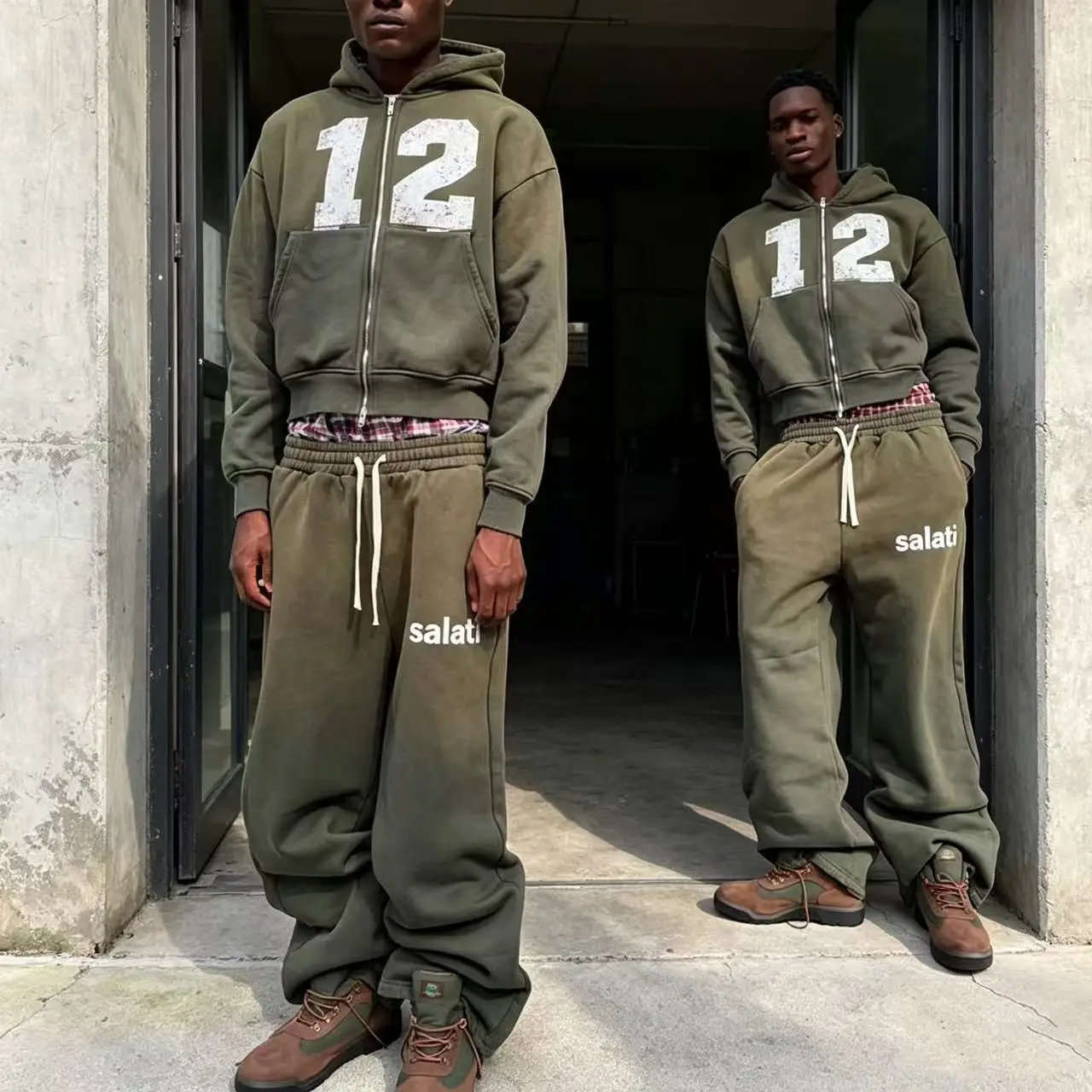 Custom Faded Green Archive Print Men Casual Loose Fit Sweat Co Ord Heavyweight Fleece Quick Dry Drawstring Wide Leg Streetwear gallery 3