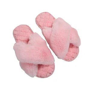 New Fashion Women's Plush Fur Peep Toe Fluffy Winter Warm Anti-Slip TPR Shoes Comfort Home Use Slides Slippers