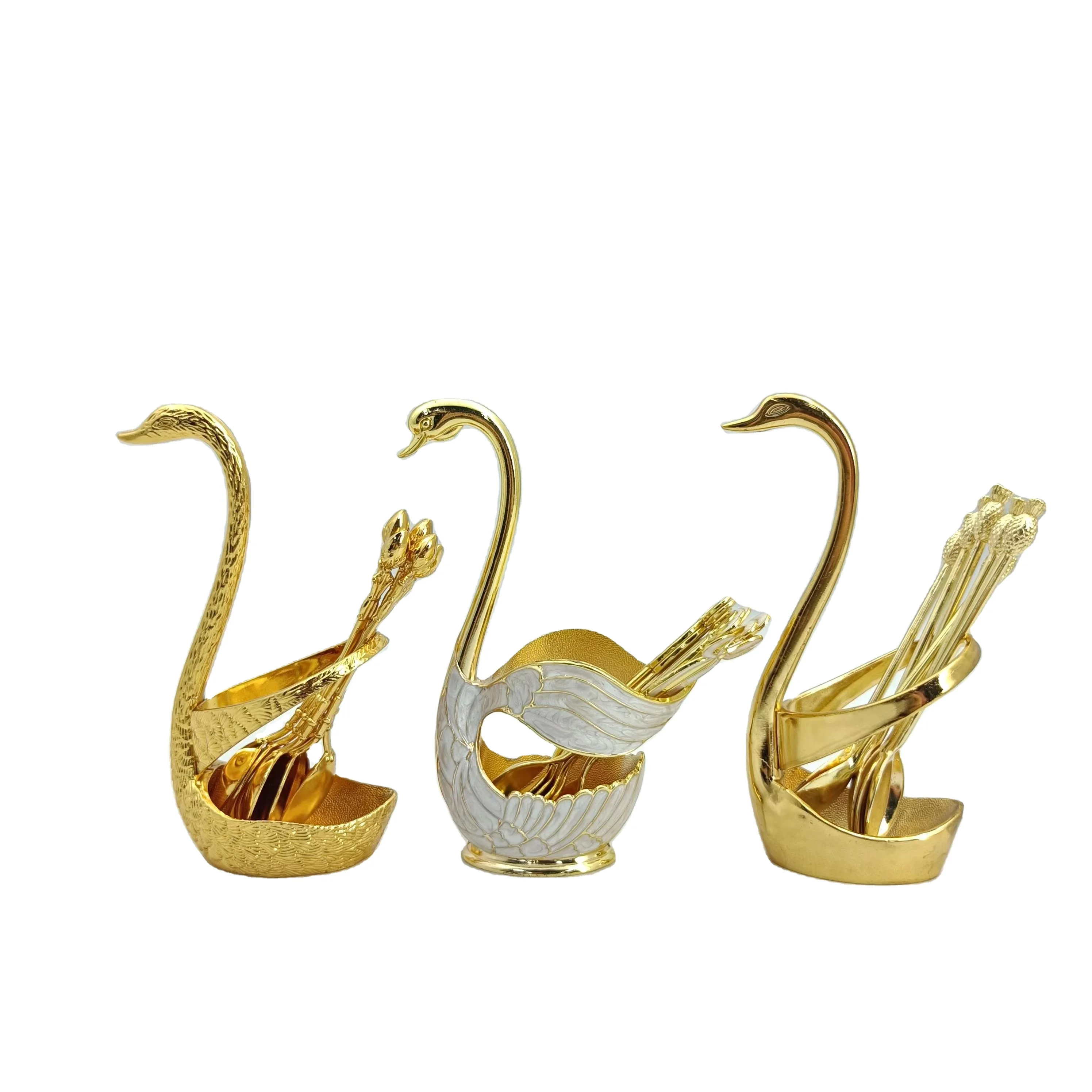 Silver Golden Swan Pattern Kitchen Utensils Table Decoration Cygnus Salad Dessert Forks Coffee Spoon Stand Set