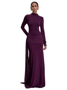 Autumn Winter New Women's Vintage Elegant Washable Dress for Party Pure Color Turtleneck Long Sleeves Bodycon Fit Maxi Dress