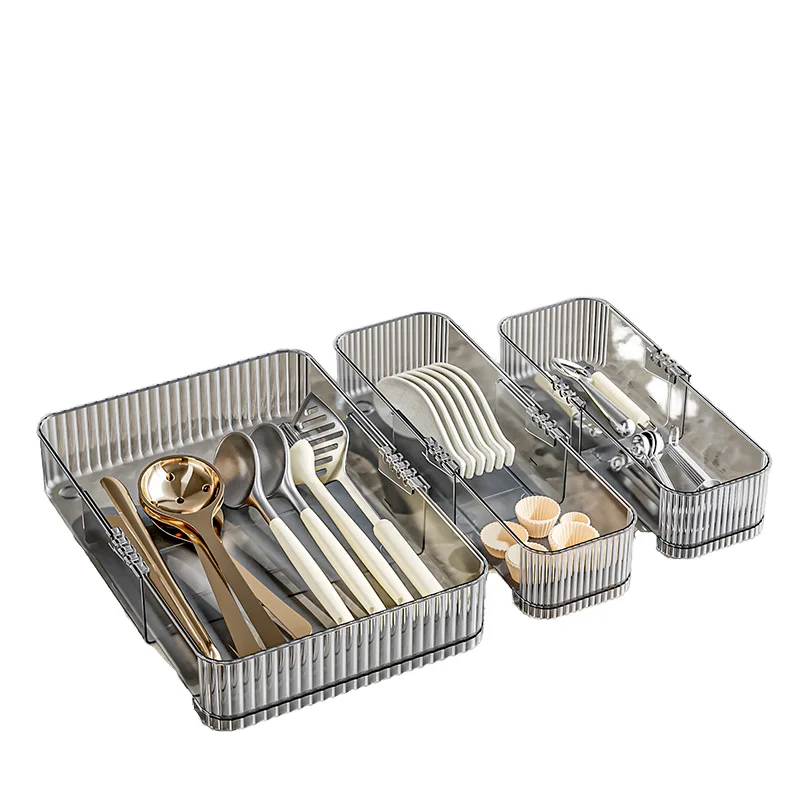 New Plastic Flexible Drawer Storage Box Kitchen Tableware Classification Free Superposition Desktop Clear Organizer