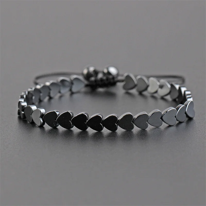 Simple Geometric Heart Arrows Hexagon Hematite Magnetic Stone Bead Handwoven Adjustable Magnet Bracelet for Mens Jewelry