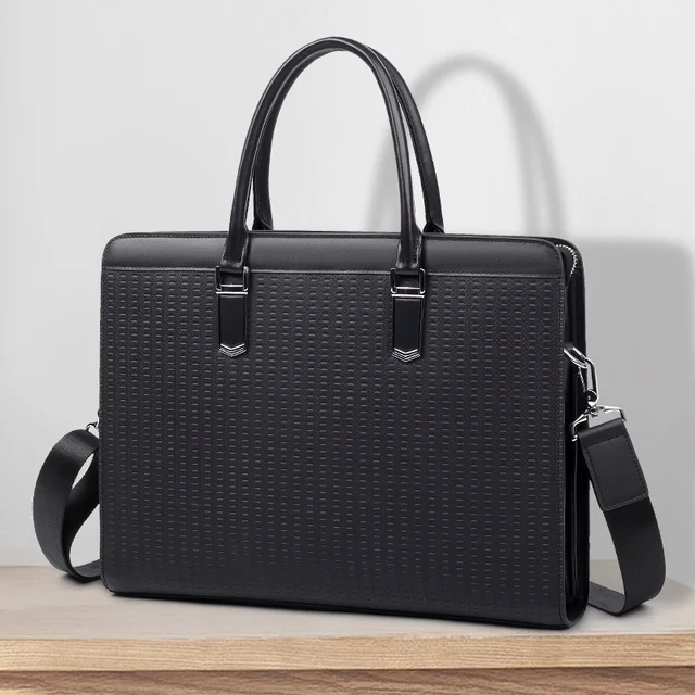 Men's Fashion Business Briefcase Genuine Leather Anti-Theft Combination Lock Spacious Capacity Accommodate All Needs Polyester