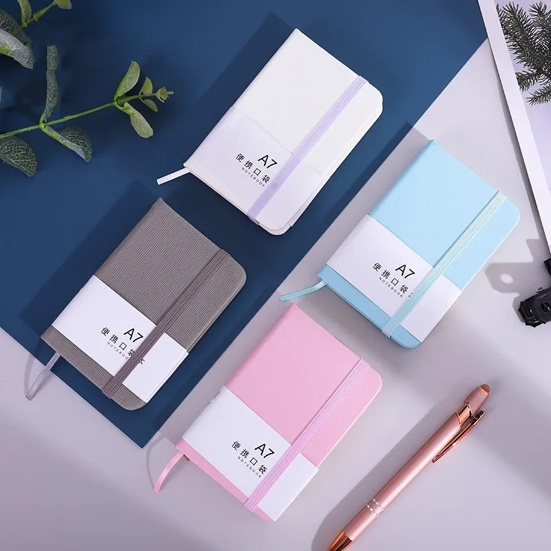 A7 Solid Color Leather Notebook Mini Pocket Portable Journal Notepad Dairy Notebook with Elastic Band