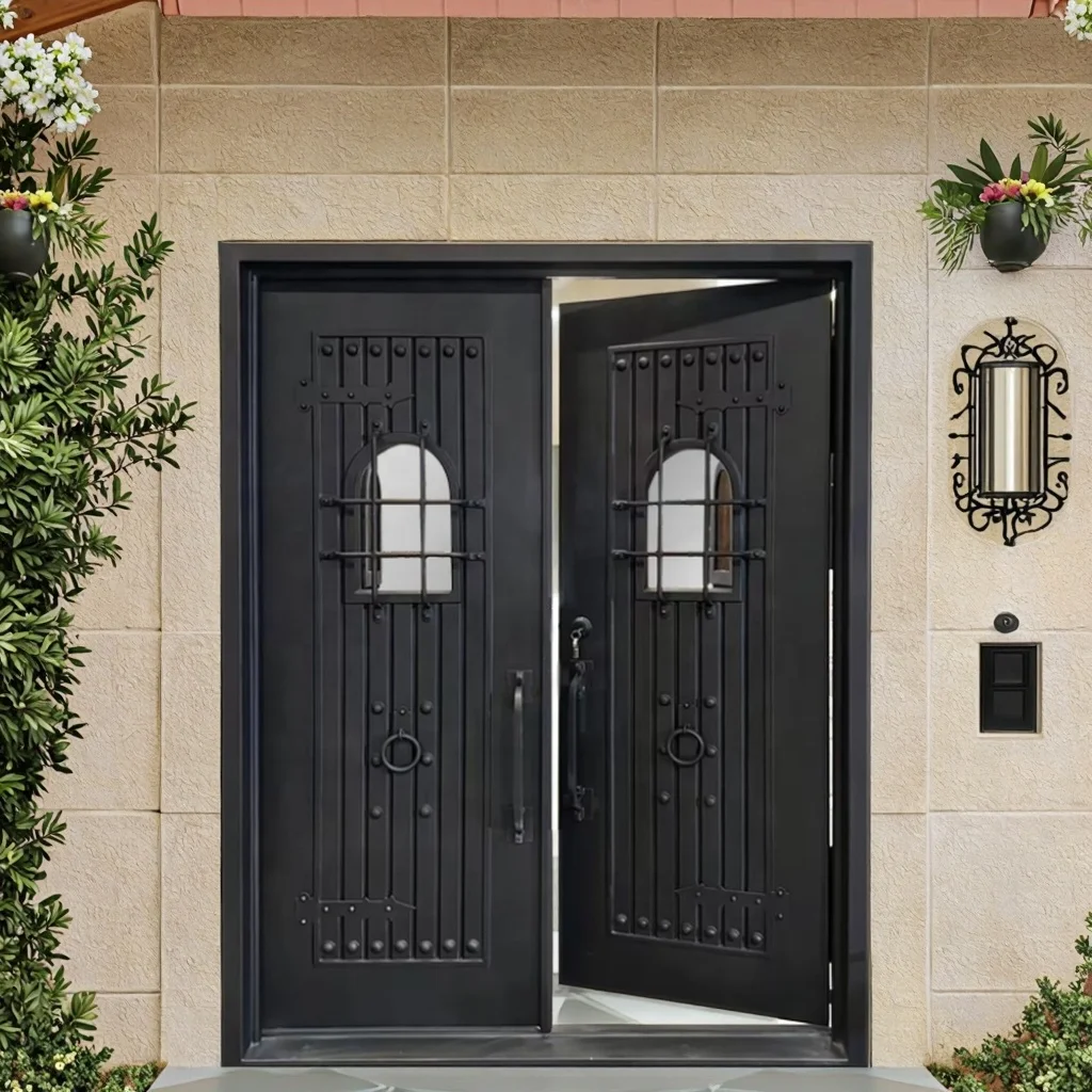 Customized Anti-Theft Modern Wrought Iron Double Exterior Door for Living Room and Villa manufacture