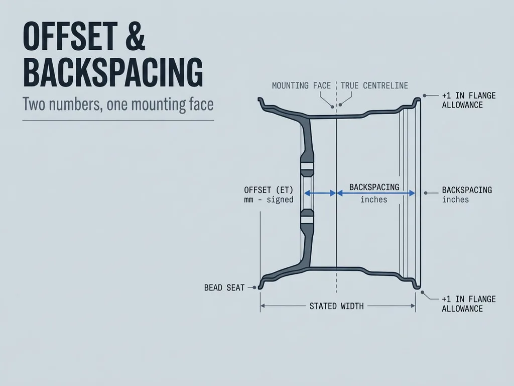 Wheel offset and backspacing measurement diagram for wheel importers and distributors