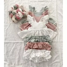 Newborn Baby Girl Clothes Set Solid Lace Ruffles Sleeve Backless Tops Toddler Shorts Outfits 100% Cotton
