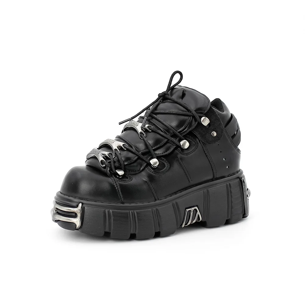 Winter Fashion Round Toe Metal Shoes Thick Sole Ladies Low Top Punk Style Women Chunky Platform Black Leather Boots - Image 1