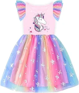 Customizable New Product Explosion Flying Sleeve unicorn Printing Girls Dresses 2-14 Children Clothing