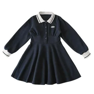4-14T Little Girls Polo Neck School Uniform Dresses 10-14 Yrs High Quality Cotton A-line Kids Long Sleeve Dress for Girls