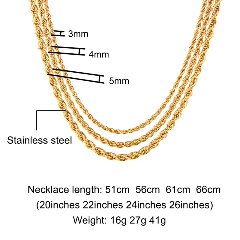 Stainless Steel Link Chain Rope Chain Necklace For Men Fashion Hip Hop ...