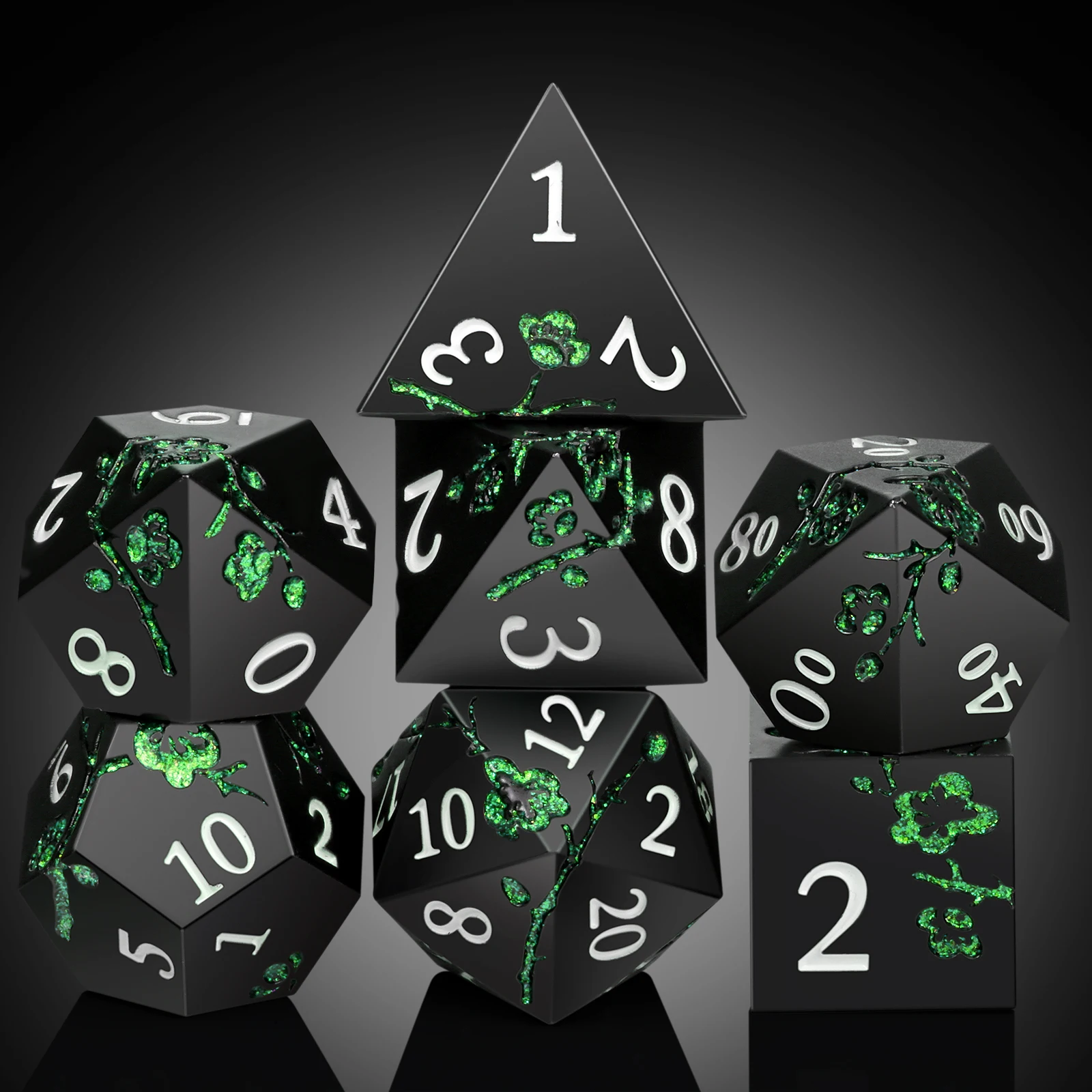 DND Metal Dice Set - Matte Black with Glitter Green Flower