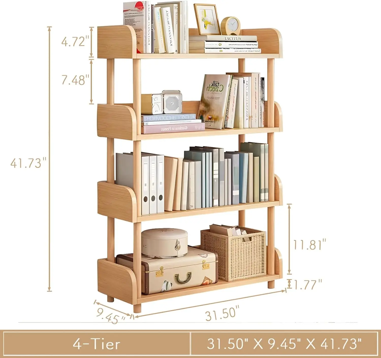 product modern 4 tie wooden open bookcase standing type storage cabinet with solid wood top edge for home office book display-0