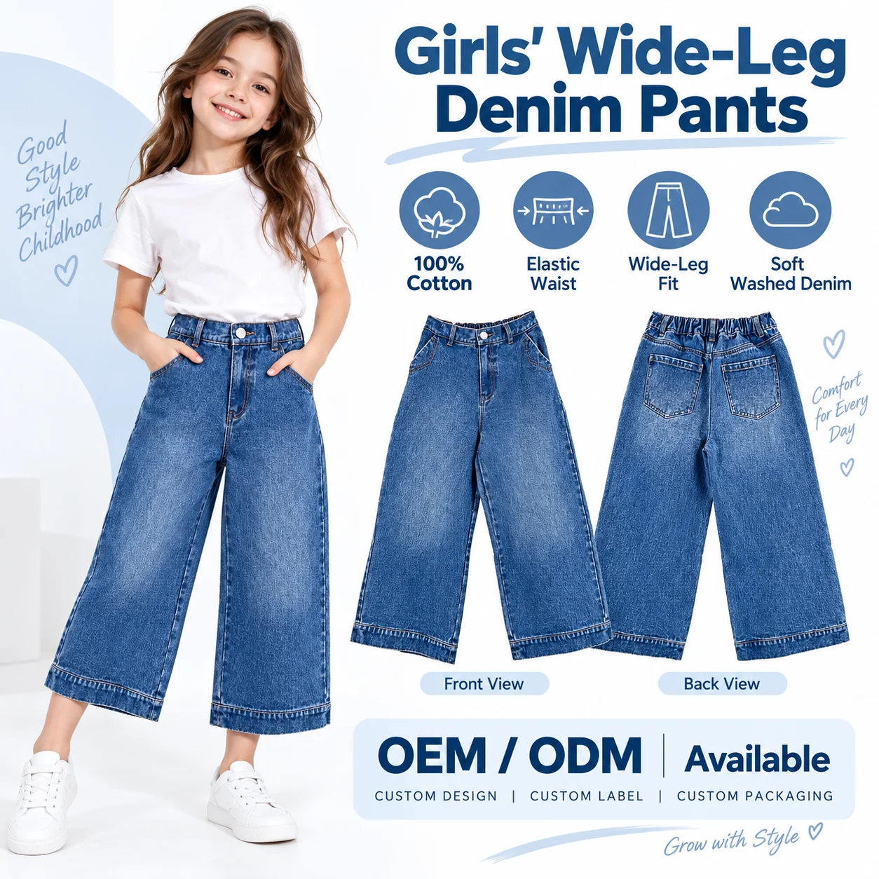 Hot Selling Custom Comfort Low Rise Jeans Wide Leg Summer Loose Breathable Washed Baggy Jeans for Girls