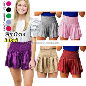 Wholesale Sequin Sports Workout Running Draped Loose High Waist Glitter Metallic Smocked Elastic Gym Shorts for Women