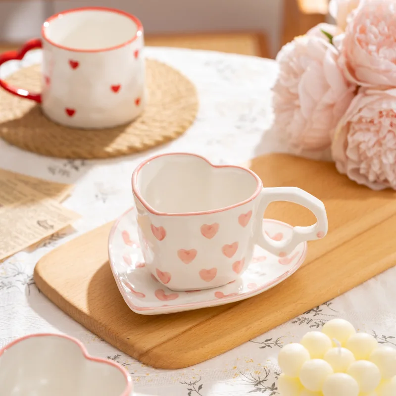Creative Heart Shaped Mug Hand Painted love Heart Ceramic Coffee Cup and Saucer Valentines Day Gift Mugs