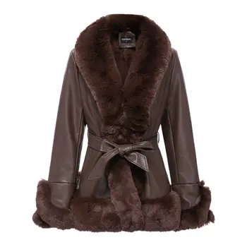 New Arrival Leather Coat With Fur Women Fashionable Leather Jacket with Fox Fur Sleeve Custom Leather Coats for Ladies