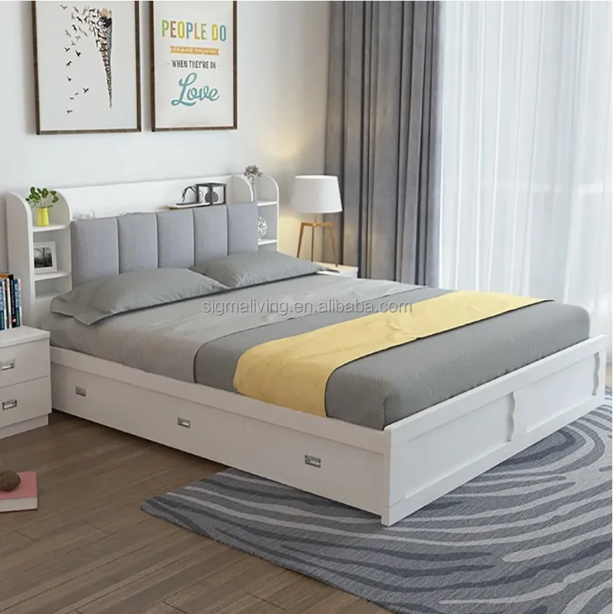Modern 3 drawers white storage bed low profile queen bed
