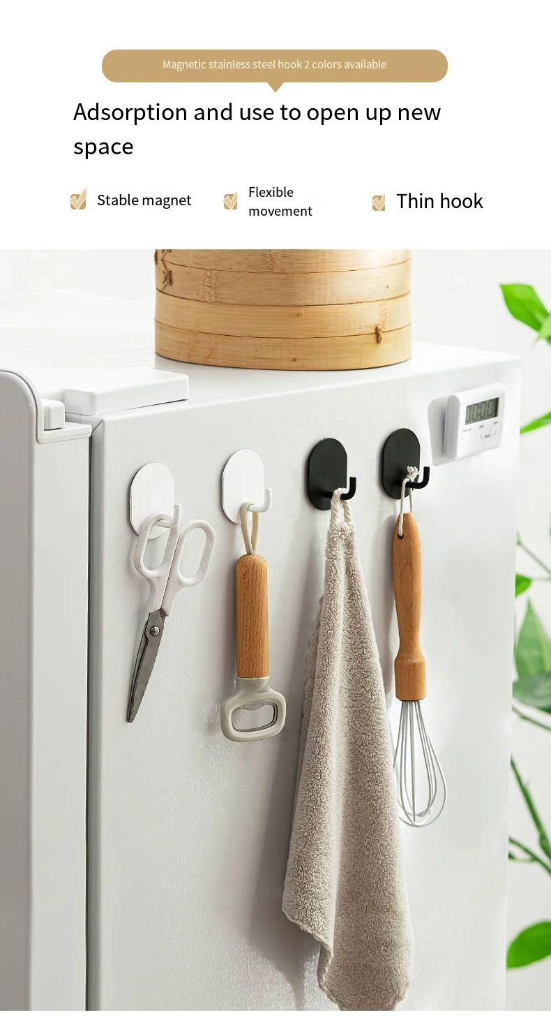 Refrigerator stainless steel magnetic hook Kitchen storage non-punching magnet strong suction cloth single hook 2 sets manufacture