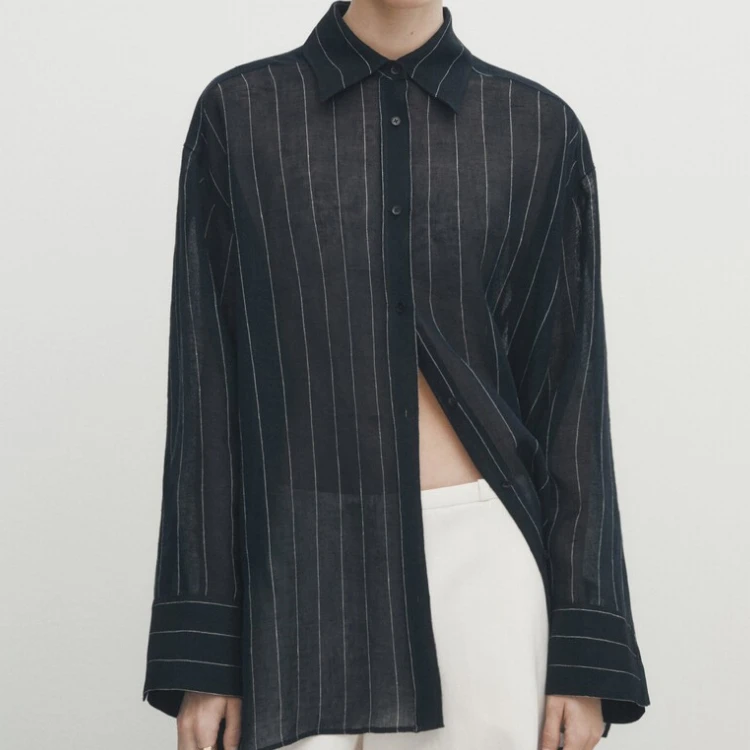 OME New Arrival Navy Blue 100% Linen Striped Shirt Women's Blouses Linen Shirts Blouses Elegant Women
