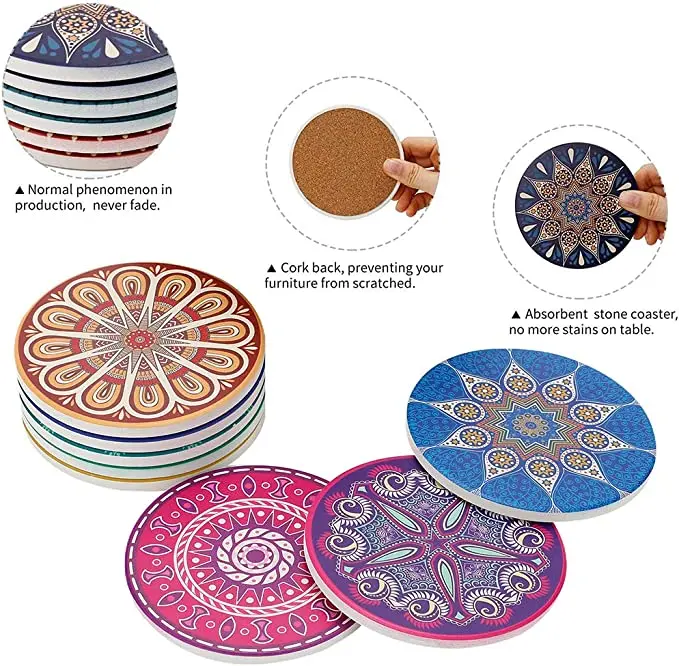 Coasters for Drinks,Absorbent Ceramic Stone with Cork Backing Mandala Style for 