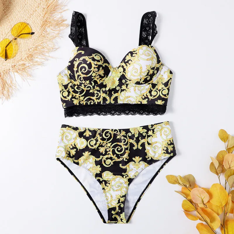 pattern floral printed lace sling women summer beach bikini set